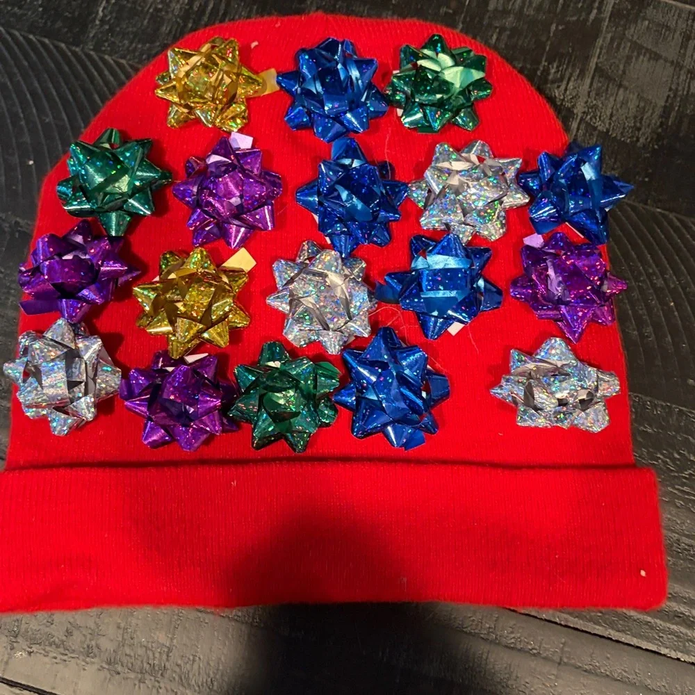 Festive Red Kids Beanie with Colorful Bows